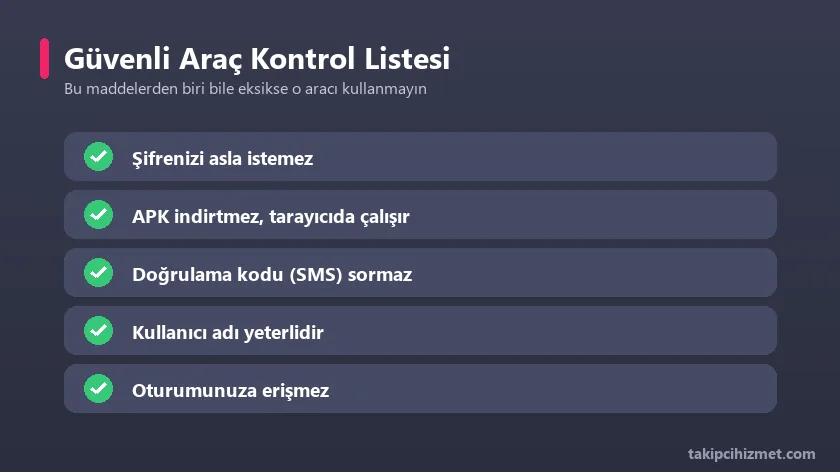 Şifresiz takipçi aracı güvenlik kontrol listesi
